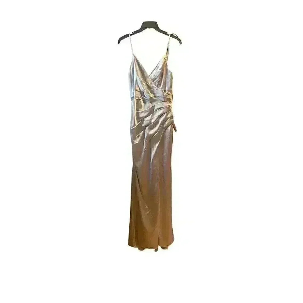 New Mac Duggal Satin Sleeveless Faux Wrap Ruched Gown Platinum Silver Size 2 - Picture 5 of 10